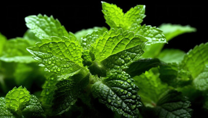 Close up Green Mint leaves Black Background.