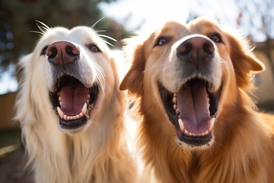 close up of two dogs barking loudly face to face
