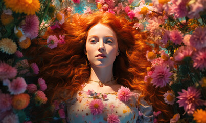 Woman with radiant red hair stands out in a lush field of colorful flowers.