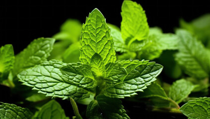 Close up Green Mint leaves Black Background.