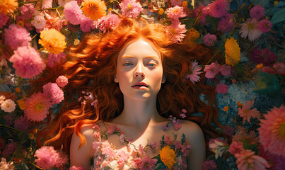 Woman with radiant red hair stands out in a lush field of colorful flowers.