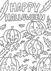 Vector illustration with smiling pumpkins. Coloring page with cute Halloween characters.