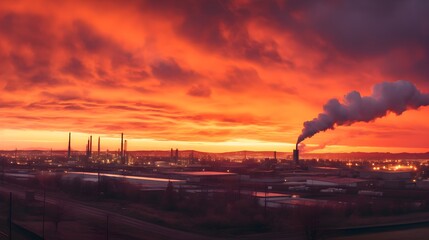 Dawn over industrial expanse, panoramic shot of sprawling factories silhouetted against a fiery sunrise, a testament to human ingenuity and industrial prowess.