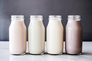 glass bottles of plant-based protein shakes