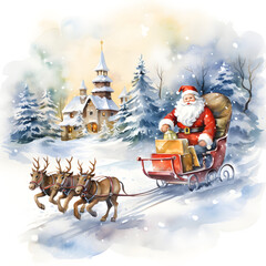 A beautiful watercolor Christmas card. Deer pull sleigh, Santa Claus and presents. Background snow, village, conifers