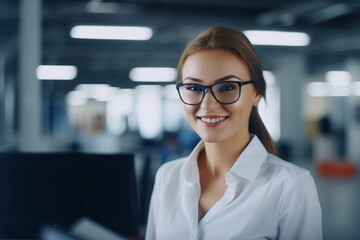 Fototapeta na wymiar Portrait of a Happy Smiling Young Beautiful Female Engineer Wearing Glasses and White Hard Hat in Office at Car Assembly Plant, Industrial Specialist Working on Vehicle Design in Modern Facility
