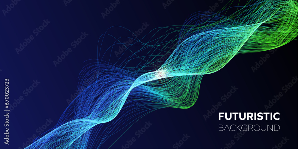 Wall mural futuristic technology abstract background with wavy beams of light. shiny moving gradient lines on d