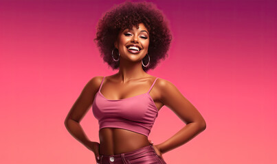 Fashion-forward woman stands boldly in jeans and pink top.