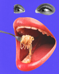 Giant female mouth and big eyes. Woman eating delicious Italian pasta on blue background. Contemporary art collage. Concept of food, taste, surrealism, creativity. Pop art style. Poster, ad