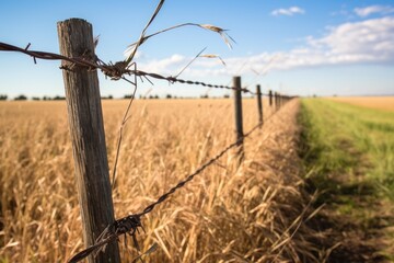 a barbed wire fence sectioning off a field - obrazy, fototapety, plakaty
