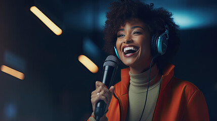 a smiling woman holding a microphone while speaking at an event - obrazy, fototapety, plakaty