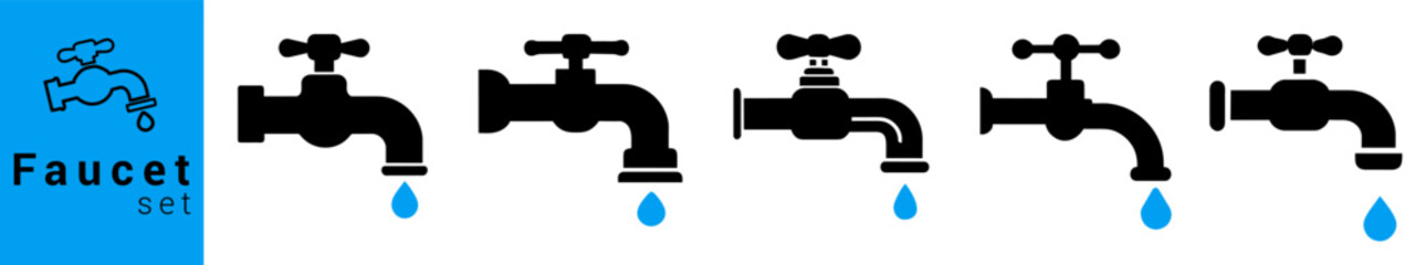 Faucet icons set. Water tap outline icon in black colors. 