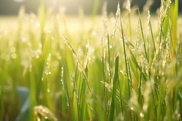 rice grains on the plant with a blurred field background
