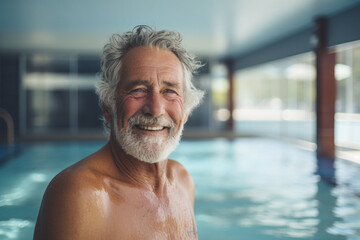 Portrait of a senior man at swimming pool - obrazy, fototapety, plakaty