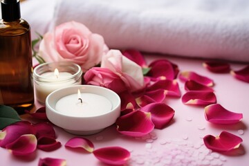 skin care products with pink rose petals