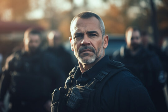 Portrait of a SWAT team soldier standing on training grounds outdoors