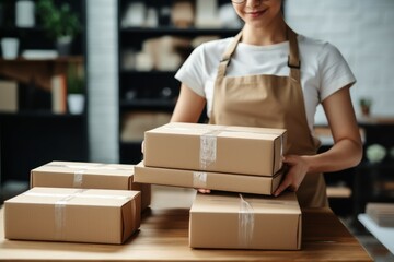 Packing goods woman boxes. Send pack service shop storage. Generate Ai