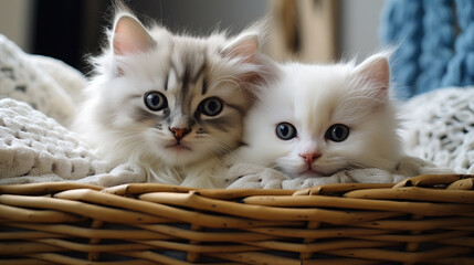 Fototapeta na wymiar two cute fluffy long-haired cats on a knitted blanket in a wicker basket, kittens, pets, domestic, postcard, wallpaper, animal, care, eyes, whiskers, wool, comfort, home, portrait, feline