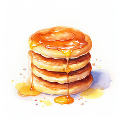 Sweet watercolor pancakes with syrup on white background - obrazy, fototapety, plakaty