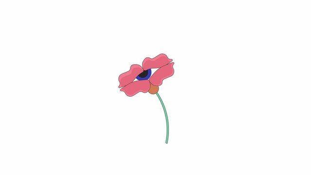 Eyeball flower with stem line 2D object animation. Blossom spiritual imagination flat color cartoon 4K video, alpha channel. Fantasy hallucination. Mystical plant animated item on white background