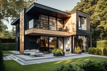 Fototapeta na wymiar A contemporary home with a backyard and a lawn. Generative AI