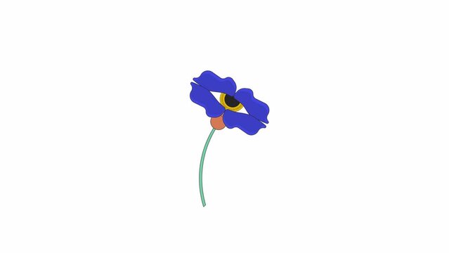 Weird single flower human eye line 2D object animation. 1970s vibes plant flat color cartoon 4K video, alpha channel. Boho botanic anemone. Enchanted bohemian floral animated item on white background
