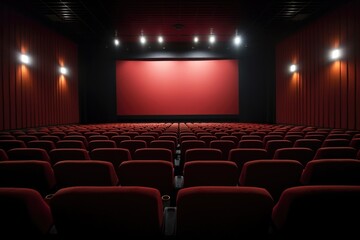 an inside view of empty theater with row of seats