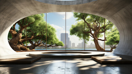 Space for product display in a concrete hallway with a park background.
