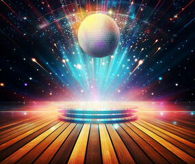Wooden floor and a podium with a disco ball for mockup on the background of a multicolored bright wall