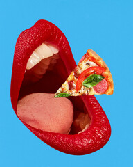 Giant female open mouth with red lipstick eating slice of delicious Italian pizza over blue background. Contemporary artwork. Concept of food, taste, surrealism, creativity. Pop art style. Poster, ad