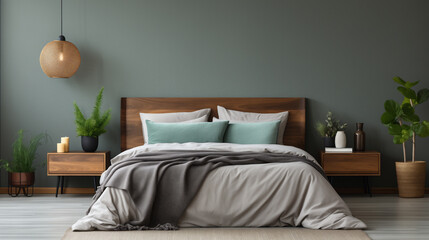 Bellissima camera da letto con toni grigio verdi scuri e atmosfera elegante e minimalista - obrazy, fototapety, plakaty