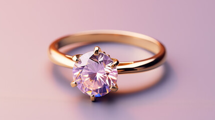 gold ring with a diamond stone on a pastel pink background. copy space