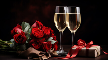 gifts with a red velvet ribbon, a bouquet of red flowers, two glasses of champagne on a black background. Valentine's Day. copy space