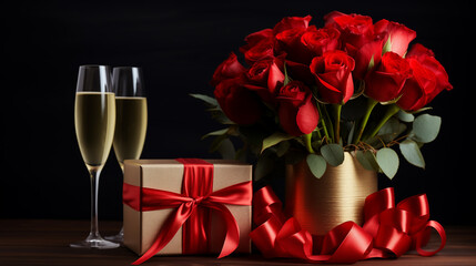 gifts with a red velvet ribbon, a bouquet of red flowers, two glasses of champagne on a black background. Valentine's Day. copy space