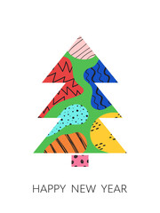 Christmas geometric greeting card. Trendy design with hand drawn abstract shapes with texture scribble.