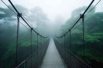suspension bridge entering a thick, misty forest