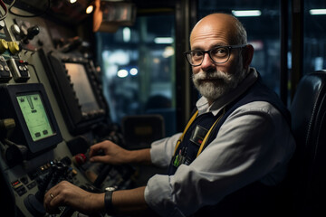 Portrait of Caucasian train driver sitting in driver's seat of subway train for public transportation, In background vehicle dashboard with commands, buttons, switches and monitors