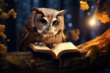 Nocturnal Wisdom: Owl Reading Book in Moonlight