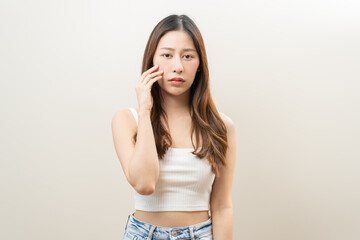 Dermatology, puberty asian young woman worry looking mirror, face allergic reaction from cosmetic, red or dark spot, rash. Beauty care skin problem treatment, blemish wrinkle, freckles from sunlight. - obrazy, fototapety, plakaty