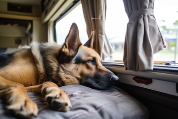 dog resting inside motorhome