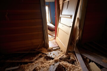 a broken wooden door in a dingy corridor