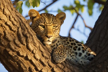 leopard basking on tree branches