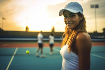 Portrait of happy fit young woman playing tennis, People sport healthy lifestyle concept - obrazy, fototapety, plakaty