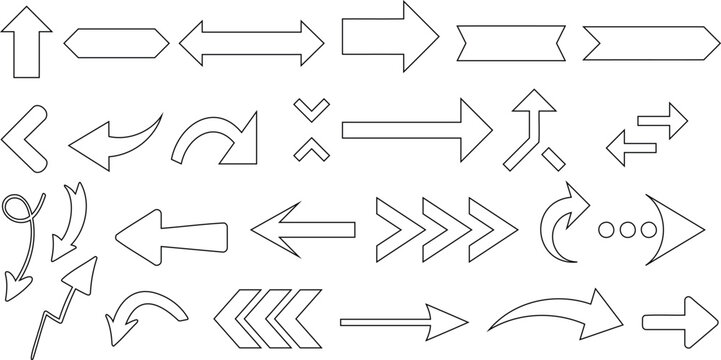 arrow icons vector illustration, showcasing diverse arrow designs. Ideal for web design, graphic design. Features straight, curved, dotted, solid arrows in various shapes