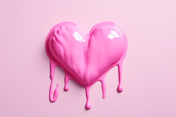 AI . Pink plastic glossy heart with dripping paint on a pink background. Minimalism