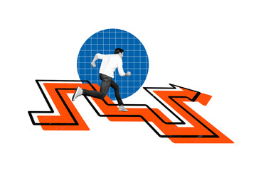 Collage picture of black white colors guy hurry running painter arrow direction pointer labyrinth isolated on creative background
