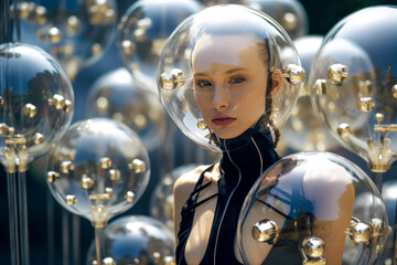 Fototapeta premium Futuristic white Woman in Transparent Cybernetic Armor with the Background of the Balls, in the Style of Porcelain Fashion of the Future Wallpaper Magazine Background Digital Art Cover Card Poster