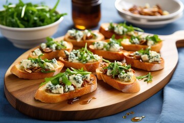 freshly baked bruschetta with arugula, sliced figs, and blue cheese