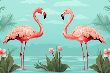 Tuinposter AI Illustration of tropical wallpaper design with exotic leaves, flamingos and flowers. Hummingbird. Paper texture background. Seamless texture. © elenarostunova