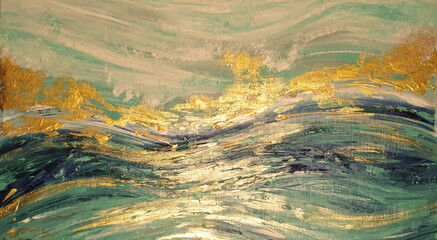 Set of three illustrations of abstract sea ocean art. Creative minimalistic illustration, design for wall decor, wallpaper, poster, card, mural, rug, hanging, print